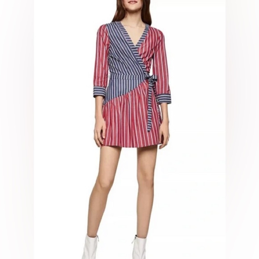 Red, blue, multi-stripe mini wrap dress (BCBGeneration)